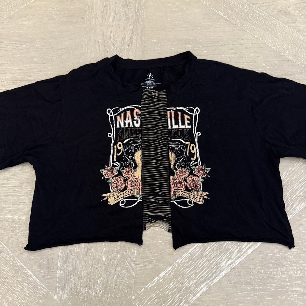 Organic Generation Black Nashville Fringe Country Western Guitar Tee Shirt Sz XL